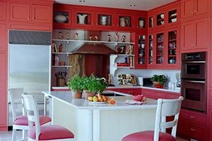 Kitchen with blue green red cabinets