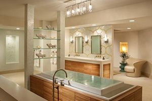 Bathroom with open melt-shelves beneath the sink