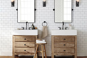 Bathroom with wooden bin units to store items
