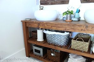 Bathroom counter with homemade storage bags for tooth brush, tooth paste