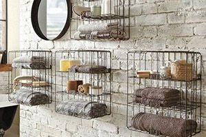 Bathroom with tiered metal wire storage system