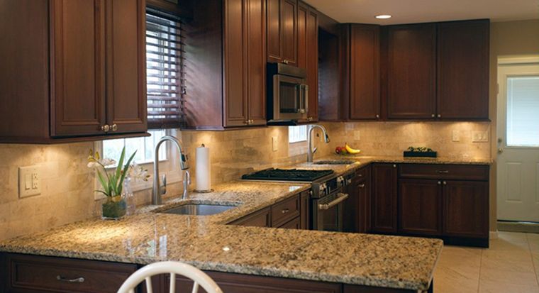 kitchen with richly patterned granite counters